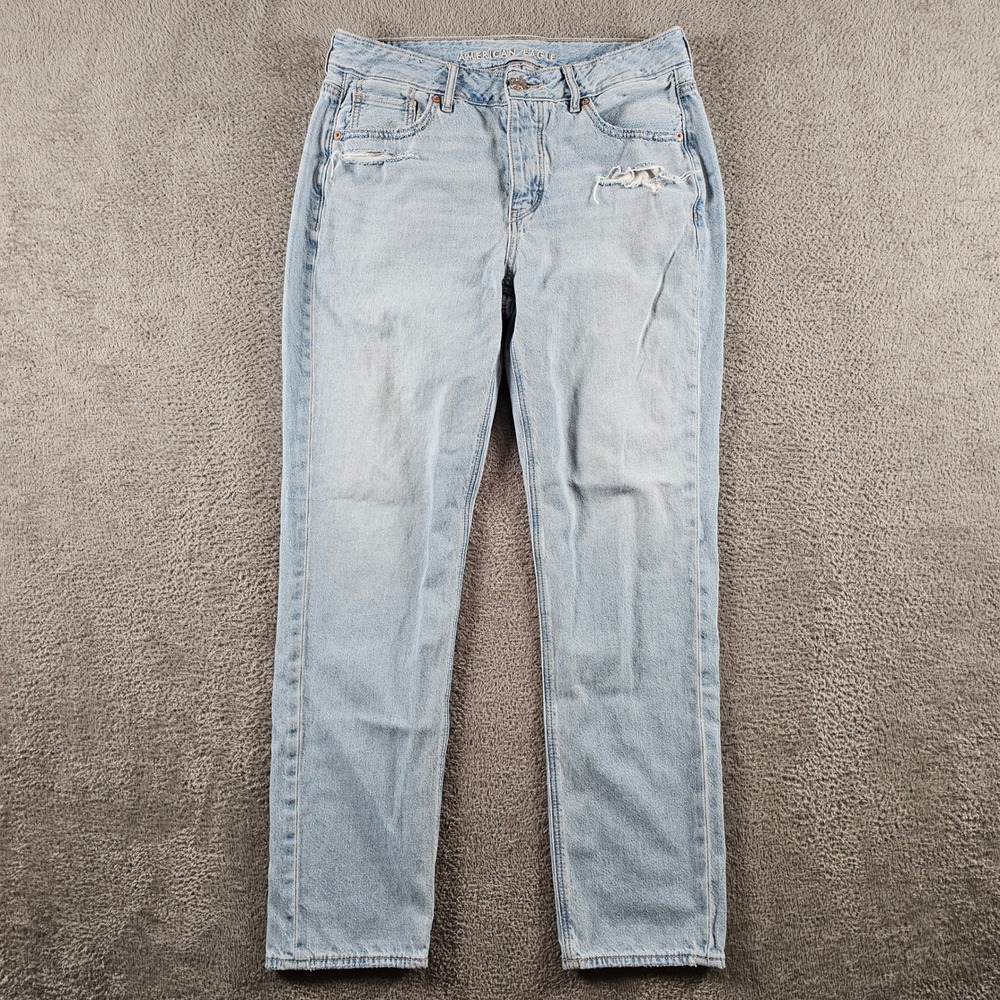 American Eagle Tomgirl Jeans Light Wash Distressed Straight Leg Button Fly 4R‎